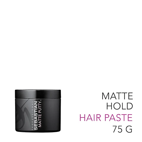 Image 2 - A black container of hair paste labeled Sebastian Matte Putty, next to text reading Matte Hold Hair Paste 75 G.
              Image 3 - A person with tattooed arms is applying hair product from a black container, with the text APPLY TO DRY HAIR displayed nearby.
              Image 4 - A close-up of a braided hairstyle with the text FOR ALL HAIR TYPES displayed prominently below.
              Image 5 - Image shows a collection of Sebastian professional hair styling products displayed in a row, with the word Challenge written in a brushstroke style above them, and the text FIND YOUR STYLER* *SOLD SEPARATELY below.