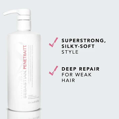 Image 2 - A white bottle with a pump labeled SEBASTIAN PENETRAITT displays text highlighting the benefits: SUPERSTRONG, SILKY-SOFT STYLE and DEEP REPAIR FOR WEAK HAIR.
              Image 4 - Image shows a guide with three steps for use: a water droplet icon labeled REMOVE EXCESS WATER, a hand with flowing hair icon labeled DISTRIBUTE THROUGH THE HAIR, and a showerhead icon labeled RINSE THOROUGHLY, with the title HOW TO USE at the top.
              Image 6 - Image shows a comparison of hair before and after treatment, with the left half displaying frizzy and voluminous hair labeled BEFORE and the right half showing smooth, straight hair labeled AFTER* with smaller text stating *AFTER APPLICATION AND STYLING.
              Image 7 - Image shows three hair care product bottles, including a black bottle labeled SEBASTIAN PENETRAITT, a white bottle with a pump labeled SEBASTIAN PENETRAITT and a large white bottle, with the text Combine with PENETRAITT SHAMPOO & PENETRAITT CONDITIONER FOR EXTRA CARE prominently displayed beside them.