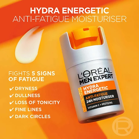 Image 1 - A close-up of a silver and orange moisturizer bottle labeled LOréal Men Expert Hydra Energetic Anti-Fatigue Moisturiser, with a drop of cream on an orange background, featuring text that lists five signs of fatigue: dryness, dullness, loss of tonicity, fine lines, and dark circles.
              Image 2 - A split image shows a vibrant orange liquid with bubbles on the left labeled with [vitamin c*] and a gray, textured orb with smaller bubbles on the right labeled with [proteins], with the text POWERED BY positioned at the top.
              Image 3 - A young man applying a light cream to his face with a colorful gradient background, featuring text that reads EASY TO APPLY, NON-STICKY, NON-GREASY, LIGHT FORMULA.
              Image 4 - Image of three skincare products from LOréal Men Expert, including a serum labeled 10% Pure Vitamin C, a moisturiser labeled Hydra Energetic Anti-Fatigue 24h Moisturiser, and an eye care product labeled Hydra Energetic Eye Patch, all displayed against an orange gradient background with the title Hydra Energetic Routine.