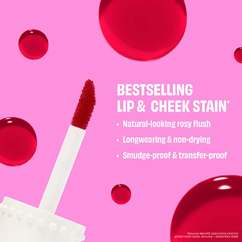 Image 1, best selling lip and cheek stain. natural looking rosy finish, longwearing and non drying, smudge proof and transfer proof. image 2, glide onto lips and layer to build intensity. dot onto cheeks and blend quickly. image 3, 4 and 5, before and after