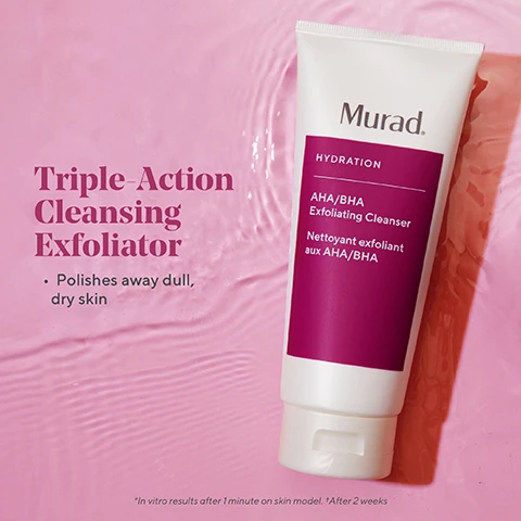 Image 1, triple action cleansing exfoliator - polishes away dull, dry skin. in vitro results after 1 minute on skin model, after 2 weeks. image 2, salicylic, lactic and glycolic acids = provide gentle exfoliation, help reveal softer, smoother skin and encourage cell turnover. jojoba beads - biodegradable, manually exfoliate and help remove dull, dry skin. sodium PCA - attracts and helps skin retain moisture. image 3, swap in exfoliation with a cleanser. restore youthful volume and bounce. 1 = AHA/BHA exfoliating cleanser = cleanse with AHA/BHA exfoliating cleanser and pat dry. 2 = hydrating toner = dispense hydrating toner onto a cotton pad and sweep over face and neck