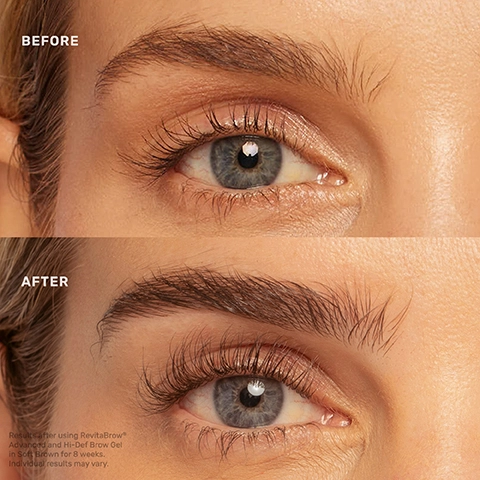 before and after. results after using revitabrow advanced and hi def brow gel in soft brown for 8 weeks. individual results may vary.