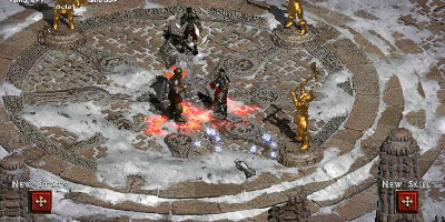 Multiple characters fighting near gold statues