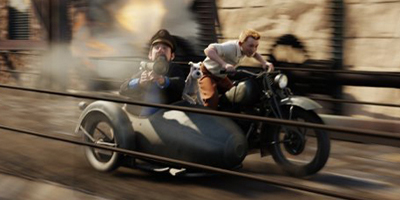Tintin and Captain Haddock on a Motorbike