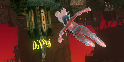 gravity rush girl upside down above the town
