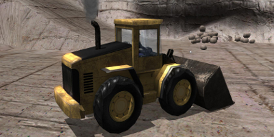 A large digger driving across the quarry floor