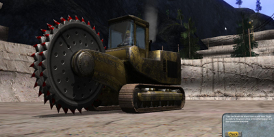 A vehicle with a huge circular saw on the front
