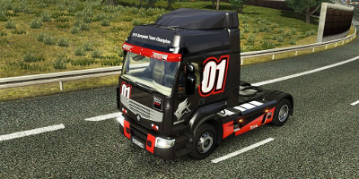 A truck painted in a racing colour scheme to celebrate Renault's success in the world truck racing series