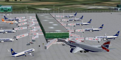 A busy terminal, swarmed by Ryanair aircraft, and a 747