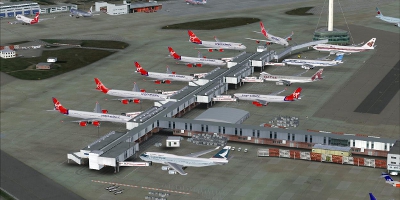 A busy terminal, inhabited by Virgin Atlantic aircraft