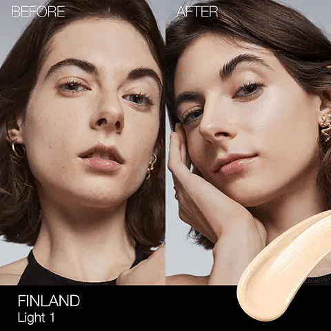 Image 1, Before, after image 2, LIGHT SHADES TERRE-NEUVE Very light with cool undertones FINLAND Very light with warm undertones GOTLAND Very light to light with cool undertones NORWICH Light with warm undertones, and a yellow tone ALASKA Light with warm undertones GROENLAND Light to medium with cool undertones Image 3, VITAMIN C Helps even out skin tone for a brighter-locking complexion. NARS FRENCH POLYNESIAN KOPARA Helps hydrate, condition, and refine the look of skin. PURE RADIANT TINTED MOSTUR BROAD SPECTRUM SPF 30 SUNSCRE SPF 30 Provides broad- spectrum protection. Image 4, REVEAL YOUR RADIANT MATCH IF YOU WEAR PURE RADIANT TINTED MOISTURIZER IN FINLAND NARS NARS YOUR RADIANT CREAMY CONCEALER SHADE OPTIONS ARE: NOUGATINE VANILLA AFFOGATO Image 5, NARS FOUNDATION COMPARISON NARS NARS NARS LIGHT NATURAL SHEER REFLECTING FOUNDATION RADIANT GLOW LONGWEAR FOUNDATION PURE RADIANT TINTED MOISTURIZER FOUNDATION FINISH Natural Natural Natural Radiant, natural COVERAGE Medium, buildable Medium to full Sheer, buildable Sheer, buildable BENEFIT Makeup-skincare hybrid foundation. Vegan formula. Breathable, all-day wear. 16 hours of fade-resistant wear. Color stays true all Lightweight, hydrating formula improves radiance and day, as if just applied. tone. evens skin Lightweight tinted moisturizer. Brightens and protects with Vitamin C.