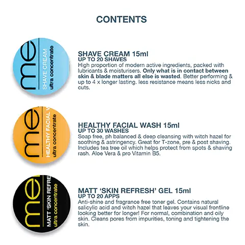 Image 1, SHAVE CREAM 15ml UP TO 20 SHAVES High proportion of modern active ingredients, packed with lubricants & moisturisers. Only what is in contact between skin & blade matters all else is wasted. Better performing & up to 4 x longer lasting. less resistance means less nicks and cuts. HEALTHY FACIAL WASH 15ml UP TO 30 WASHES Soap free, ph balanced & deep cleansing with witch hazel for soothing & astringency. Great for T-zone, pre & post shaving. Includes tea tree oil which helps protect from spots & shaving rash. Aloe Vera & pro Vitamin B5. MATT 'SKIN REFRESH' GEL 15ml UP TO 20 APPS Anti-shine and fragrance free toner gel. Contains natural salicylic acid and witch hazel that leaves your visual frontline looking better for longer! For normal, combination and oily skin. Cleans pores from impurities, toning and tightening the skin. Image 2, cleans pores from impurities, toning and tightening the skin removes ..and controls excess oil natural salicylic acid & witch hazel leave your visual frontline looking better for longer anti-shine and fragrance free toner gel for normal, combination and oily skin