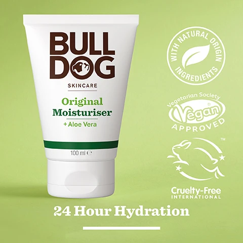 Image 2 - A white tube of Bulldog Skincare Original Moisturiser with Aloe Vera stands against a light green background, featuring labels indicating it is vegan, cruelty-free, and made with natural origin ingredients, along with text stating 24 Hour Hydration.
              Image 3 - Image of a green aloe vera leaf with a droplet of gel, featuring text that reads 96% Natural Origin, Unlock the true potential of natural origin ingredients, Aloe Vera.
              Image 4 - A hand is holding a tube of Bulldog Skincare Original Moisturiser with visible text indicating it contains aloe vera and provides 24-hour hydration, alongside the label Normal To Dry Skin.
              Image 5 - A persons hand holds a white tube of Bulldog Skincare Original Moisturiser with Aloe Vera, featuring the text 24hr Hydration and 100 ml, while a green towel is in the background and the words Recycled Tube appear below the tube, with additional text about the tubes materials.
              Image 6 - Three Bulldog Skincare products are displayed on a white surface, including Original Face Wash, Original Face Scrub, and Original Moisturiser, with visible text that reads Cleanse & Hydrate Your Skin.