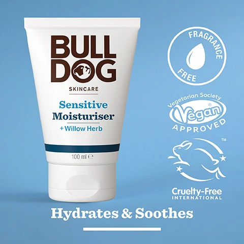 Image 2 - A tube of Bulldog Skincare Sensitive Moisturiser for men with visible text stating Sensitive Moisturiser + Willow Herb, 100 ml, and icons indicating Fragrance Free, Vegan Approved, and Cruelty-Free International, against a light blue background, with the phrase Hydrates & Soothes at the bottom.
              Image 3 - A close-up image of dried herbal ingredients with the text 94% Natural Origin, Unlock the true potential of natural origin ingredients, and Willow Herb prominently displayed.
              Image 4 - A person holding a tube of Bulldog Sensitive Moisturiser with the label that reads Sensitive Skin and information about the products benefits.
              Image 5 - A tube of Bulldog Skincare Sensitive Moisturiser with Willow Herb is placed on a bathroom countertop, featuring the text 100 ml and details about the tubes composition, stating it contains over 27% sugarcane and 62% PCR plastic, with a logo indicating it is made from a recycled tube.
              Image 6 - Three Bulldog Skincare products are displayed, including Sensitive Face Scrub, Sensitive Moisturiser, and Sensitive Face Wash, with text that reads Gently Cleanses & Hydrates.