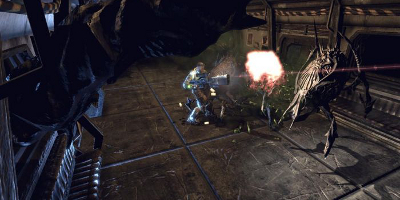 The player, shooting a large enemy