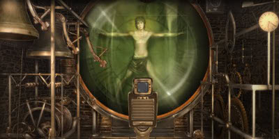 A green chamber with a human body inside