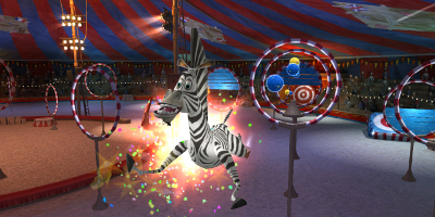 Zebra jumping through hoops