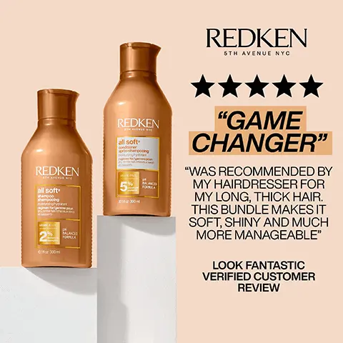 Image 1, REDKEN 5TH AVENUE NYC REDKEN all soft 01300 BALANCE FORLA REDKEN all soft. 101300 FORNLA "GAME CHANGER" "WAS RECOMMENDED BY MY HAIRDRESSER FOR MY LONG, THICK HAIR. THIS BUNDLE MAKES IT SOFT, SHINY AND MUCH MORE MANAGEABLE" LOOK FANTASTIC VERIFIED CUSTOMER REVIEW Image 2, ALL SOFT SHAMPOO ARGAN OIL + MOISTURE COMPLEX HELPS TO MOISTURIZE & CONDITION DRY, BRITTLE HAIR Image 3, CONDITIONER ALL SOFT ARGAN OIL + MOISTURE COMPLEX HELPS TO MOISTURIZE & CONDITION DRY, BRITTLE HAIR Image 4, 1 LEAVE-IN CONDITIONER HEAT PROTECTION UP TO 450°F/230°C STRENGTHENS DETANGLES REDKEN ON-SOF URE DEFINICA 25 BENEFITS SHINE SUA ONE UNITED ALL IN ONE TRANATH ONE MULT PORTELS SP 51 oz 150 me