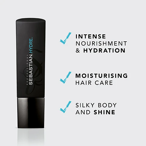 Image 3 - A black and silver tube of Sebastian Professional HYDRA hair care product is shown, with text listing its benefits: intense nourishment and hydration, moisturising hair care, and silky body and shine.
              Image 5 - The image shows a white tube labeled Sebastian HYDRE with three checkmarks next to the text: Intense Nourishment & Hydration, Moisturising Hair Care, Silky Body and Shine.
              Image 7 - Image shows three hair care products: a black bottle labeled Sebastian Hydre, a white bottle labeled Sebastian Hydre, and a white pump bottle, with text that says combine with Hydre Conditioner & Hydre Treatment for best results.