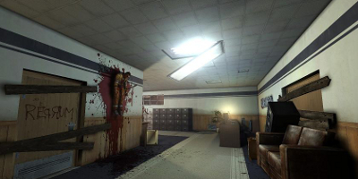 An abandonded building with a man impaled on the wall