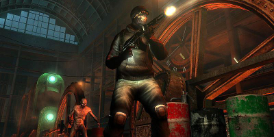 A soldier, firing with an enemy approaching from behind