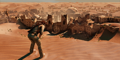Standing on a hill, overlooking a desert town