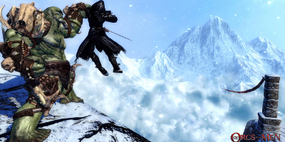 orc throwing man off snow cliffs