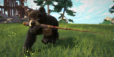 A small brown bear running towards the camera with a stick