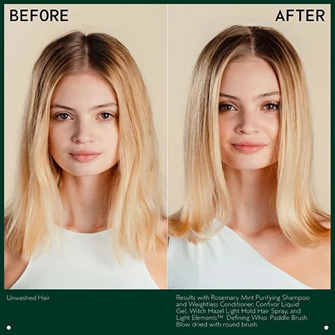 Image 4 - A before and after comparison shows a woman with blonde hair, appearing unwashed and wavy on the left, and smooth and styled on the right, accompanied by the text BEFORE, AFTER, Unwashed Hair, and Results with Rosemary Mint Purifying Shampoo and Weightless Conditioner, Confixor Liquid Gel, Witch Hazel Light Hold Hair Spray, and Light Elements Defining Whip. Paddle Brush. Blow dried with round brush. Image 5 - The image features sprigs of fresh rosemary and mint on a light green circular background, with the text ROSEMARY & MINT and INVIGORATING AROMA PROVEN TO AWAKEN THE SENSES AND IMPROVE FOCUS. Image 6 - A dark green graphic detailing a three-step hair care routine, showing a hand dispensing shampoo for cleansing, a hand conditioning wet hair, and a hand holding a styling spray, with the text HOW TO USE 01 CLEANSE Rosemary Mint Purifying Shampoo 02 CONDITION Rosemary Mint Weightless Conditioner 03 STYLE Confixor Liquid Gel, Witch Hazel Light Hold Hair Spray, and Light Elements Defining Whip. Image 9 - The image shows three white certification logos against a dark green leafy background, featuring a vegan certification with a stylized V and text 100% VEGAN, a Certified B Corporation logo with a B in a circle and text Certified B Corporation, and a Cruelty Free International logo with a leaping rabbit and text Cruelty Free INTERNATIONAL.