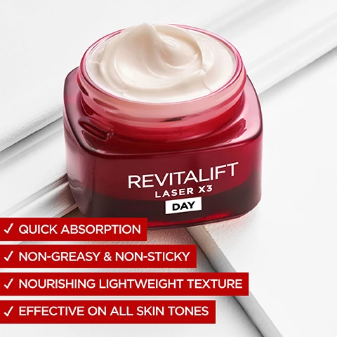 Image 1, quick absoprtion, non-greasy and non sticky. nourishing lightweight texture, effective on all skin tones. Image 2, triple action, with pro retinol, hyaluronic acid and vitamin c. for firmer and younger looking skin. Image 3, the revitalift laser regime, hydrate and smooth, firm and lift, refine.