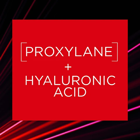 Image 1 - A red square with white text on a dark background with red and pink light streaks displays the text [PROXYLANE] + HYALURONIC ACID. Image 2 - A flat lay displays LOréal Revitalift Laser Renew skincare products including a red serum bottle, a red eye cream tube, and various red jars for face creams, with visible text LOREAL PARIS REVITA LIFT LASER RENEW, LOREAL PARIS REVITALIFT LASER RENEW / LASER X3 EYE CREAM, REVITALIFT LASER RENEW, OR, REVITALIFT LASER RENEW SPF 20, REVITALIFT LASER RENEW NIGHT, 1 SERUM, 2 EYE CREAM, 3 DAY CREAM, 4 NIGHT CREAM. Image 3 - A red infographic outlines product safety through three sections, featuring a magnifying glass icon and text SAFE IN THE THOROUGHNESS OF OUR TRIALS To ensure our active ingredients are safe for all skin types, we apply our formulas on real skin 600 times (before it goes anywhere near yours), an open cream jar icon and text SAFE IN THE STRENGTH OF OUR FORMULAS After we’ve tested the effectiveness of our products, they’re tested again independently (so we’re doubly sure), and a heart-shaped hands icon and text SAFE IN THE ETHICS OF OUR TESTING 30 years ago, we completely stopped testing our products on animals, years before it became law. We’ve even developed ground-breaking testing alternatives like Episkin; created with human skin cells.