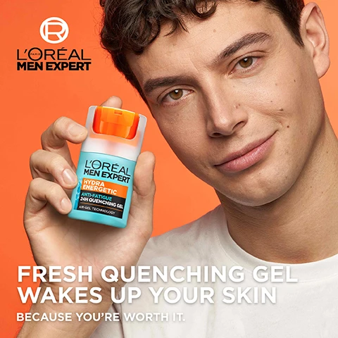 Image 2 - A young man with light brown hair smiles while holding a bottle of LOréal Men Expert Hydra Energetic Anti-Fatigue Gel in front of a bright orange background, with text that reads fresh quenching gel wakes up your skin because you’re worth it.
              Image 3 - A young man with short, curly hair is smiling while applying a clear gel-cream to his cheek, with text on the image that reads A FRESH QUENCHING GEL-CREAM, NON-STICKY, NON-GREASY, PENETRATES INSTANTLY, and NO RESIDUE ON THE SKIN.
              Image 4 - Image shows two close-up views of skin textures, one darker and one lighter, with a clear gel applied to both; the background is orange and text reads SUITABLE FOR ALL SKIN TYPES and SUITABLE FOR SENSITIVE SKIN.
              Image 5 - A young man with short dark hair is smiling against an orange background, with labels pointing to areas of concern for skin fatigue, including dullness, loss of firmness, dark circles, and roughness; the text reads FIGHT THE SIGNS OF FATIGUE.
              Image 6 - Image shows two skincare products from LOréal Men Expert, one tube of Hydra Energy Face Wash and one bottle of Hydra Energetic Quenching Gel, with text promoting the Hydra Energy Anti-Fatigue Routine, highlighting features of cleansing and moisturizing.