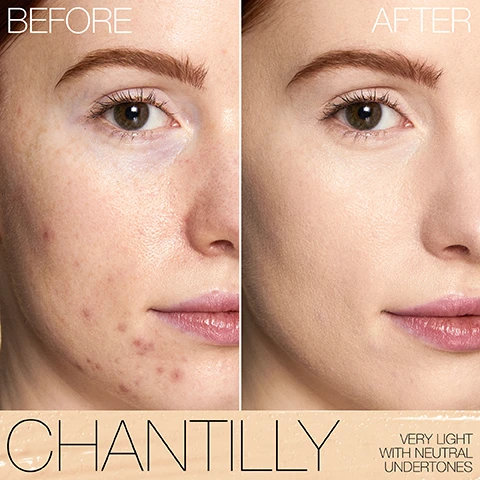 Image 1 - Image shows a split comparison of a womans face labeled Before on the left and After on the right, showcasing a clear improvement in skin texture and tone; visible text includes CHANTILLY and VERY LIGHT WITH NEUTRAL UNDERTOONES.
              Image 2 - An arrangement of NARS concealer tubes in various shades, with the text stating #1 CONCEALER IN THE U.K.*, 16-HOUR WEAR, 24-HOUR HYDRATION, and CREASE-RESISTANT.
              Image 3 - A collage of six close-up images of diverse women showcasing different skin concerns, with labels above each row for Redness, Undereye Circles, Fine Lines, and Blemishes, and the title COVER YOUR BASES at the top.
              Image 4 - A swatch of creamy beige foundation is shown next to text that lists benefits including Radiant Results, Evens Skin Tone with Mineral-Tone Balancing Powder, Smooths the Look of Skin with Light-Diffusing Mineral Powder, and Hydrates and Firms with Multi-Active Botanical Blend.
              Image 5 - A collage of ten makeup swatches on various skin tones labeled with names and descriptions; the names from left to right on the top row are Chantilly, Affogato, Vanilla, and Nougatine, and on the bottom row are Madeleine, Café au Lait, Crème Brulée, Café con Leche, Cannelle, Marron Glacé, and Honey.
              Image 6 - A close-up portrait of a woman with dark skin and long hair, holding a foundation product in one hand, with text next to her stating 97% agree this product is lightweight and comfortable, 95% agree their skin looked smoother, 93% agree it brightens the eye area, and a note at the bottom indicating its based on a U.S. consumer perception study of 60 women after two weeks of use.
              Image 7 - Image shows three close-up views of a womans face: the left side labeled BEFORE shows blemishes, the middle labeled APPLICATION has a dot of concealer on her cheek, and the right side labeled AFTER shows a smooth complexion. Model is wearing Radiant Creamy Concealer and Pure Radiant Tinted Moisturizer.
              Image 8 - The image shows a comparison chart titled PAIR AND PERFECT featuring two columns: the left column lists shades of LIGHT REFLECTING FOUNDATION from NARS, including names like Siberia and Gobi, while the right column lists corresponding shades of RADIANT CREAMY CONCEALER, including Affogato and Chantilly.
              Image 9 - An arrangement of NARS cosmetic products including a foundation bottle, concealer tube, setting powder compact, and an eye brightener, with graphics indicating their names and benefits: Light Reflecting Foundation, Radiant Creamy Concealer, Light Reflecting Eye Brightener, and Light Reflecting Setting Powder.