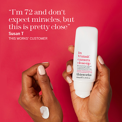 Image 1, I'm 72 and don't expect miracles, but this is pretty close" Susan T THIS WORKS' CUSTOMER in transit camera close-up thisworks 40ml 1.35on