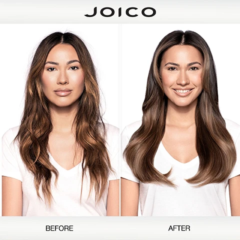Image 2 - A split image shows a womans hair before and after treatment, with frizzy hair on the left labeled BEFORE and smooth, shiny hair on the right labeled AFTER, and the JOICO logo at the top. Image 3 - A bottle of Joico K-Pak Color Therapy Color-Protecting Shampoo is shown alongside text that reads COLOR-PROTECTING SHAMPOO for colored hair prone to damage Gently cleanses damaged color-treated hair Helps to restore and protect hair Improves elasticity and shine Joico K-PAK COLOR THERAPY COLOR-PROTECTING SHAMPOO to preserve color & repair damaged hair SHAMPOOING PROTECTEUR DE COULEUR pour préserver la couleur et réparer les cheveux endommagés CHAMPÚ PROTECTOR DEL COLOR para conservar el color y reparar el cabello dañado SmartRelease 300 ml / 10.1 fl oz. Image 4 - A bottle of Joico K-Pak Color Therapy shampoo is shown with Keratin powder, Argan nuts and leaves, and oil droplets, alongside text that reads Keratin: A protective protein that actively seeks out damage and helps repair hair. African Manketti Oil: A rich source of vitamin E, natures well-known environmental protection against fading. Argan Oil: A powerhouse oil that helps deeply hydrate and nourish hair. JOICO K-PAK COLOR THERAPY COLOR-PROTECTING SHAMPOO to preserve color & repair damaged hair SHAMPOOING PROTECTEUR DE COULEUR pour préserver la couleur et réparer les cheveux endommagés CHAMPÚ PROTECTOR DEL COLOR para conservar el color y reparar el cabello dañado SmartRelease 300 ml / 10.1 fl oz. Image 5 - Image shows the K-PAK COLOR THERAPY ROUTINE with four steps Step 1 Shampoo with Joico K-PAK COLOR THERAPY COLOR-PROTECTING SHAMPOO, Step 2 Condition Treat with Joico K-PAK COLOR THERAPY COLOR-PROTECTING CONDITIONER OR Joico K-PAK COLOR THERAPY LUSTER LOCK INSTANT SHINE & REPAIR TREATMENT, Step 3 Treat with Joico K-PAK COLOR THERAPY LUSTER LOCK MULTI-PERFECTOR, and Step 4 Style with Joico K-PAK COLOR THERAPY LUSTER LOCK GLOSSING OIL. Image 7 - Image showing Joico K-Pak Color Therapy shampoo, conditioner, and spray products with the text JOICO the joi of healthy hair and Repair colored hair to shine & feel like silk.