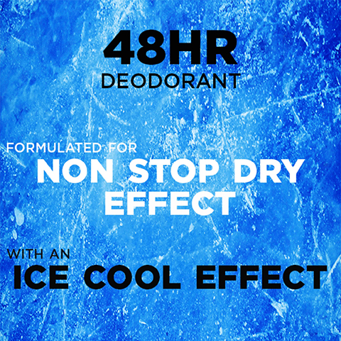 A blue background with a cracked ice texture displays the text 48HR DEODORANT, FORMULATED FOR NON STOP DRY EFFECT, WITH AN ICE COOL EFFECT.
