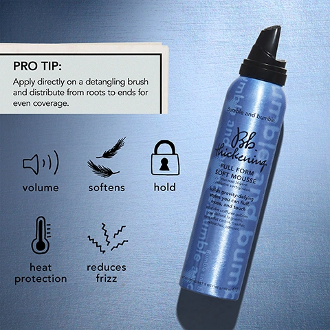 Image 1 - A blue spray bottle of Bumble and Bumble Thickening Full Form Soft Mousse is shown on a textured background, with icons indicating volume, softness, hold, heat protection, and reduced frizz, alongside a pro tip that reads Apply directly on a detangling brush and distribute from roots to ends for even coverage.
