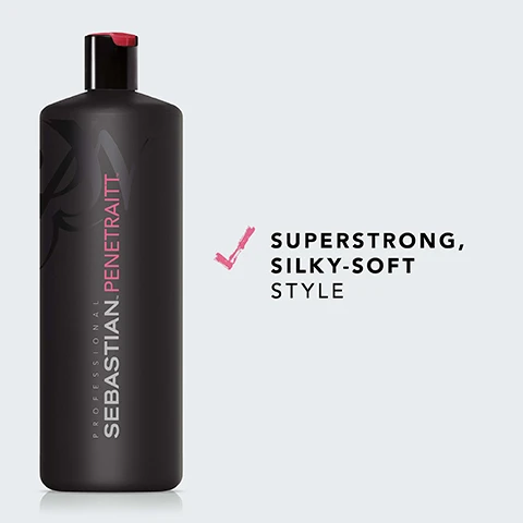 Image 2 - A black bottle of Sebastian Professional Penetraitt shampoo is displayed on a light blue background with the text SUPERSTRONG, SILKY-SOFT STYLE alongside a pink checkmark.
              Image 4 - Image illustrating the steps for using a shampoo, featuring icons for massaging shampoo into wet hair, rinsing thoroughly, and repeating if necessary, with the text HOW TO USE, MASSAGE THE SHAMPOO INTO WET HAIR, RINSE THOROUGHLY, and REPEAT IF NECESSARY.
              Image 6 - Three hair care products are displayed, including a black bottle labeled Sebastian Penetraitt and two white bottles, with the text Combine with Penetraitt Conditioner & Penetraitt Mask for extra care on the right side.