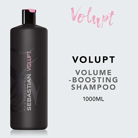 Image 2 - A black bottle of Sebastian Volupt volume-boosting shampoo is shown with visible text stating Volupt, VOLUME -BOOSTING SHAMPOO, and 1000ML.
              Image 3 - A black bottle of Sebastian Volupt shampoo with a pink cap, featuring the text FULL VOLUME SOFT TOUCH next to it.
              Image 5 - An instructional image with three steps: a hand and hair symbols with the text, massage the shampoo into wet hair, a showerhead and hair symbol with the text, rinse thoroughly, and a circular arrow symbol with the text, repeat if necessary.
              Image 6 - A sprig of green bamboo with long, slender leaves against a black background, featuring the text Natural Bamboo Extract above it.
              Image 7 - Three hair care products are arranged on a light blue background, including a white shampoo bottle, a black conditioner bottle, and a black spray bottle, with text that reads combine with volupt spray & volupt conditioner for best results.
