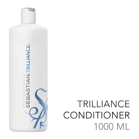 Image 2 - A white bottle of Sebastian Trilliance Conditioner with a blue wave design and the text TRILLIANCE CONDITIONER 1000 ML displayed prominently.
              Image 3 - Image depicts a set of instructions with three steps for use: REMOVE EXCESS WATER, DISTRIBUTE THROUGH THE HAIR, and RINSE THOROUGHLY, along with corresponding simple icons for each step, on a light-colored background.
              Image 4 - Two tubes of hair products, one black and one white, are shown side by side against a dark background, with the text COMPLETE YOUR ROUTINE* *SOLD SEPARATELY displayed below them.