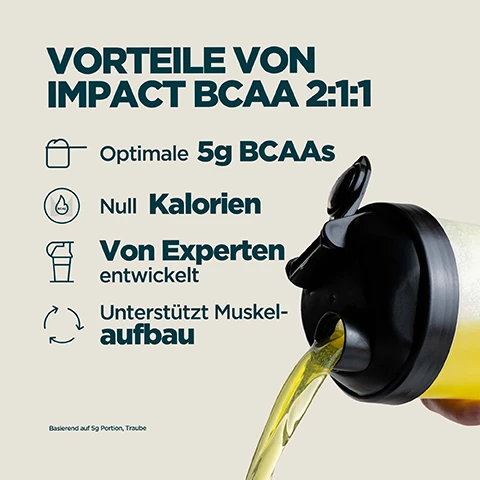Image 1 - A shaker bottle pours yellow liquid next to a list of benefits titled VORTEILE VON IMPACT BCAA 2:1:1, followed by Optimale 5g BCAAs, Null Kalorien, Von Experten entwickelt, Unterstützt Muskel-aufbau, and a smaller note Basierend auf 5g Portion, Traube. Image 2 - A split image shows bubbly purple liquid on the left and bubbly yellow liquid on the right, with the text TÄGLICHE ESSENTIALS – AMINOS, PERFEKT ABGESTIMMT. Image 3 - A person drinks from a Myprotein shaker bottle filled with yellow liquid, with overlaying text that reads 20 JAHRE UNERMÜDLICHE WEITERENTWICKLUNG, Fachkundig entwickelt, Qualität geprüft von unabhängigen Testern, Durch echte Forschung verfeinerte Rezepturen, Produziert in Myproteins Top-Produktionsstätten, and MYPROTEIN is visible on the bottle. Image 4 - A person in a burgundy sweater holds a Myprotein shaker bottle with a purple drink, next to text that reads EUROPAS NR. 1 FÜR SPORTERNÄHRUNG Konsistenz, Qualität und über 20 Jahre Erfahrung, es richtig zu machen Unterstützt von Euromonitor, der weltweit führenden Autorität für Marktdaten MYPROTEIN *Quelle: Euromonitor International Limited; Ausgabe Consumer Health 2025; Einzelhandelsumsatz nach Verkaufspreis (RSP), alle Vertriebskanale, Daten 2024.