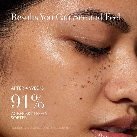 Image 1 - Close-up of a persons face showing skin texture, freckles, and a shiny appearance, with visible text stating Results You Can See and Feel, AFTER 4 WEEKS, 91% AGREE SKIN FEELS SOFTER, and Results based on a 2-week user trial conducted 58 women aged 28-55.
              Image 2 - An infographic titled Science Backed Ingredients features three ingredient descriptions: Marine Exopolysaccharide absorbs excess sebum to reduce shine and control oil production, Vitamin C (Ascorbyl Tetraiso Palmitate) brightens tone, boosts elasticity, and provides antioxidant defense against free radicals, and Hyaluronic Acid attracts and retains water for firmer, suppler skin, with the text Powered by The Healing Concentrate™ at the bottom.