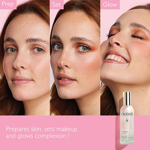 Image 1 - Image shows three side-by-side portraits of a woman displaying different makeup stages labeled Prep, Set, and Glow, with a product bottle of Caudalie in the bottom right corner, and text that reads Prepares skin, sets makeup and glows complexion!
              Image 2 - A woman with long, wavy reddish-brown hair holds a bottle of Caudalie beauty elixir up to her face, showcasing her natural skin and a gentle smile against a light pink background, with text stating Instant complexion enhancer and 100% saw their pores tightened immediately after use*.
              Image 3 - A hand is holding a spray bottle labeled Caudalie, with a mist being sprayed from the nozzle against a pink background, and the visible text reads Face mist 100% natural origin ingredients.
              Image 4 - A clear bottle of Caudalie Beauty Elixir is surrounded by rose, mint, grape, lemon balm, rosemary, and orange blossom, with text describing the benefits of each ingredient and the product: Rose - Boost radiance, Mint - Tones & refreshes, Grape - Moisturize, Lemon Balm - Soothes & calms, Rosemary - Soothes & purify, Orange blossom - Calms & glows complexion.
              Image 5 - Image shows a side-by-side comparison of two skincare products: on the left, a bottle of Beauty Elixir with visible text Beauty Elixir and benefits including Reveals radiance, Tightens pores, and Fixes makeup; on the right, a bottle of Grape Water with visible text Grape Water and benefits including Soothes, Moisturizes, and Antioxidant.