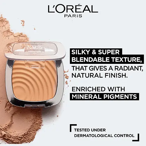 Image 1, silky and super blendable texture that gives a radiant natural finish. enriched with mineral pigments. tested under dermatological control. Image 2, formula with hyaluronic acid, smoothes and improves skins texture and softness over time. Image 3, true match with 10 shades.