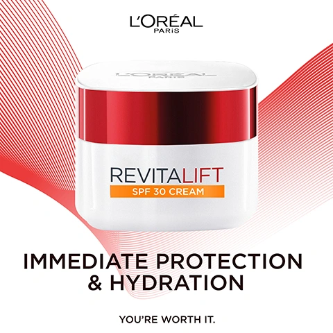 Image 1 - A white and red LOréal Revitalift SPF 30 cream jar is displayed against a white background with red wavy lines, featuring the text LORÉAL PARIS, REVITALIFT, SPF 30 CREAM, IMMEDIATE PROTECTION & HYDRATION, YOURE WORTH IT. Image 2 - A white jar of LOréal Revitalift SPF 30 Cream with a red lid is displayed against a white and red background, with text LORÉAL PARIS, LORÉAL, REVITALIFT SPF 30 CREAM, POWERED BY:, ADVANCED PRO-RETINOL [ANTI-WRINKLE EFFICACY], FIBRELASTYL [FIRMING COMPLEX], UVA & UVB PROTECTION [BROAD SPECTRUM FILTERS], YOURE WORTH IT. Image 3 - A smiling woman holds a jar of LOréal Paris Revitalift SPF 30 cream, with text stating Reduce appearance of wrinkles, Visibly more even complexion, and Firmer feeling skin. Image 4 - A white LOréal Paris Revitalift SPF 30 Cream jar with a red lid is displayed on a white background, featuring the text LOréal Paris, REVITALIFT, SPF 30 CREAM, LUXURIOUS ANTI-WRINKLE CREAM WITH SPF30, HYDRATE, SMOOTH & PROTECT, and YOURE WORTH IT. Image 5 - A promotional image for LOréal Revitalift skincare products featuring a red serum bottle with a dropper, a white jar with a red lid labeled REVITALIFT SPF 30 CREAM, another white jar with a red lid labeled REVITALIFT NIGHT CREAM, and a small white jar with a red lid labeled REVITALIFT EYE CREAM, all displayed on white platforms against a white background with text that reads LORÉAL PARIS YOUR ANTI-WRINKLE + FIRMING ROUTINE, HYDRATING DAY CREAM SPF30, FAST ACTING SERUM, HYDRATING NIGHT CREAM, and HYDRATING EYE CREAM.