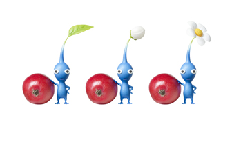 three little blue creatures with apples