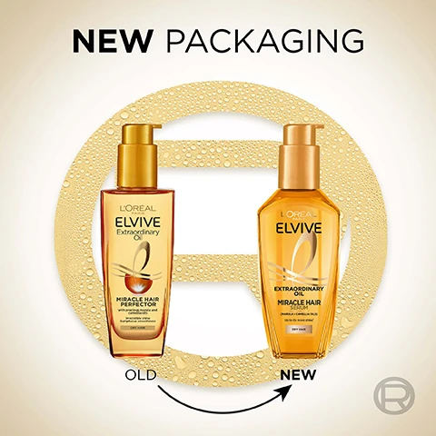 Image 1 - Image showing two bottles of LOréal Elvive Extraordinary Oil: on the left is the old packaging labeled OLD and on the right is the new packaging labeled NEW, with the text NEW PACKAGING at the top and water droplet effects in the background.
              Image 2 - A woman with curly hair smiles while holding a bottle of LOréal Elvive Extraordinary Oil Miracle Hair Serum, with text reading UP TO 6X MORE SHINE* YOURE WORTH IT.
              Image 3 - Image of a bottle of LOréal Elvive Extraordinary Oil Miracle Hair Serum positioned against a neutral background, with text highlighting its features: +92% nourishment, up to 230°C heat protection, up to 6x more shine, and up to 72H fragrance.
              Image 4 - Four images of hair transformations are shown side by side, depicting the varying textures and colors of hair: the first has tightly curled black hair labeled BEFORE on the left and smooth hair labeled AFTER on the right; the second features straight blonde hair labeled BEFORE and wavy hair labeled AFTER; the third displays straight dark brown hair labeled BEFORE followed by wavy hair labeled AFTER; the top of the image contains the text TRANSFORMS ALL TYPES OF HAIR.
              Image 5 - Image of golden oil droplets against a light background with the text powered with extraordinary marula & camellia oils.
              Image 6 - A visually appealing image displays two hair serum bottles labeled LOreal Elvive; the left bottle is golden and marked as Day Miracle Hair Serum with text indicating long-lasting and weightless nourishment, while the right bottle is dark blue and marked as Night Midnight Serum with text indicating intense overnight re-nourishment.
              Image 7 - Image shows four hair care products from LOréal Elvive, including a shampoo, conditioner, day serum, and night serum, with text indicating ROUTINE FOR INTENSE HAIR NOURISHMENT, and identifying each step as STEP 1 SHAMPOO, STEP 2 CONDITIONER, STEP 3 DAY SERUM, and STEP 4 NIGHT SERUM.