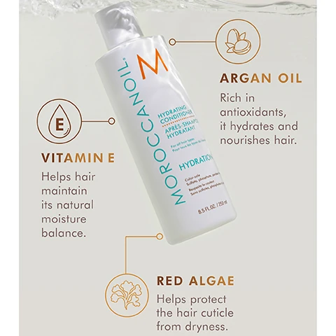 vitamin e helps hair maintain it's natural moisture balance. argan oil, rich in antioxidants, it hydrates and nourishes hair. red algae helps protect the hair cuticle from dryness.
