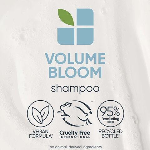 image 1, volume bloom shampoo - vegan formula, cruelty free, 95% recycled bottle excluding cap. image 2, plumps and adds lightweight volume to fine hair. gently cleanses with minimal stripping. image 3, before and after volume bloom. after one use of volume bloom shampoo and conditioner