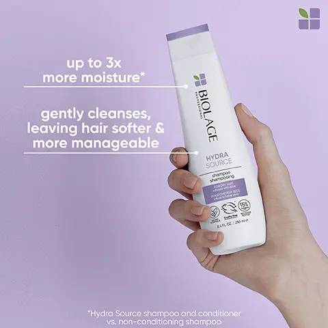 Up to 3x more mositure. Gnetly cleanses, leaving hair softer and more manageable. Hydra Source shampoo and conditioner vs. non-conditioning shampoo. Infused with Aloe Vera Extract. Hydra Source shampoo. 1 cleanse, 2 condition, 3 treat